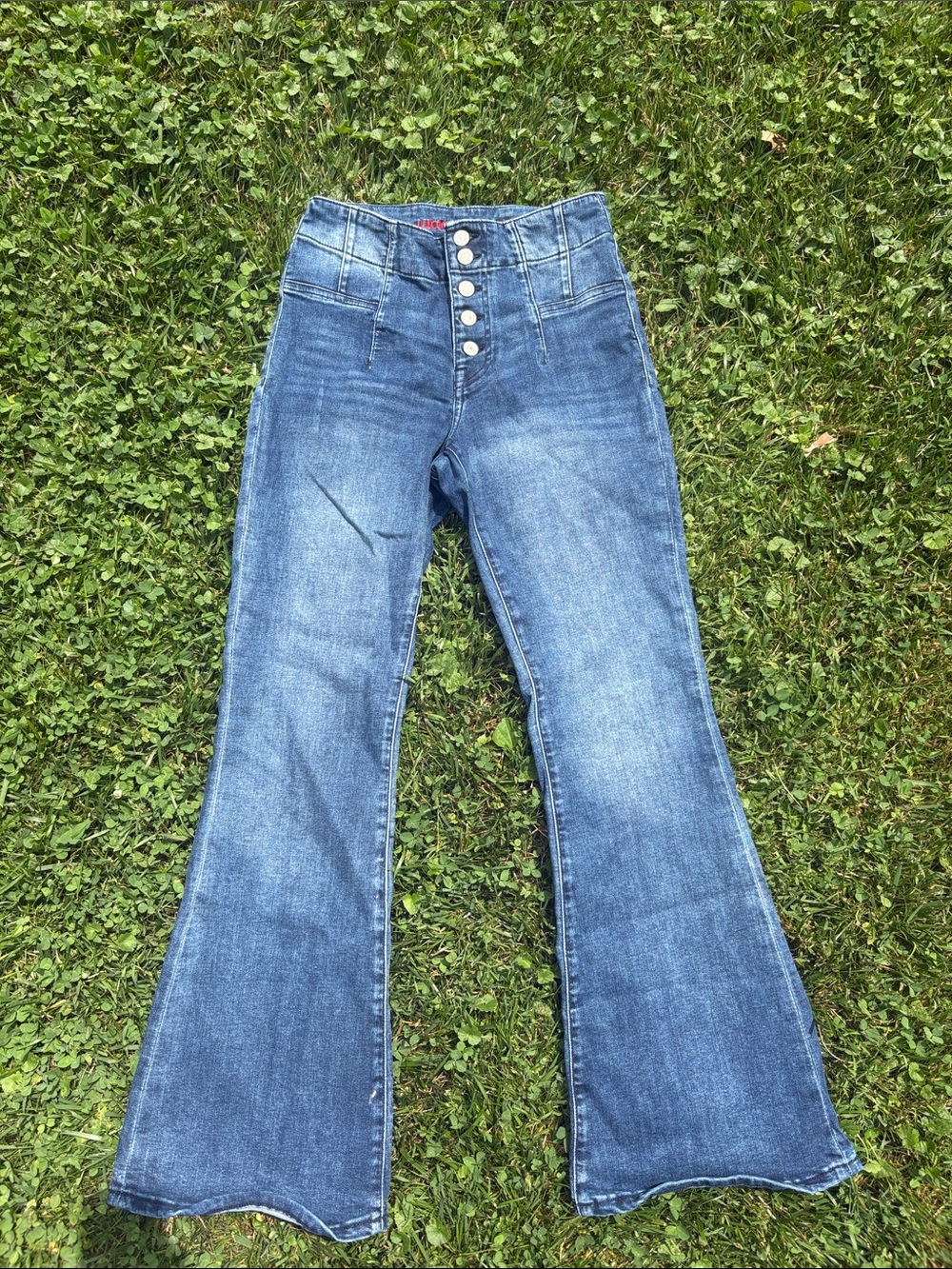 Lucky Brand Medium Blue High-Rise Flare Jeans with Button-Front